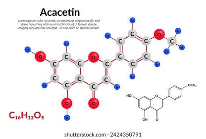 Acacetin plant flavonol, molecular structure formula, ball-and-stick model, suitable for education or chemistry science content. Vector illustration