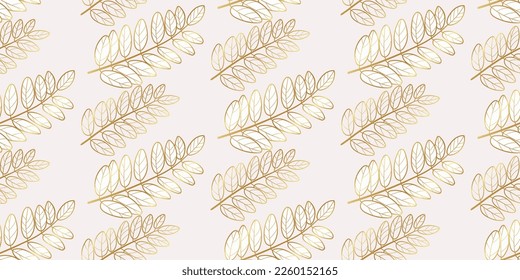 Acacia golden Blätter nahtlose Muster auf beigem Hintergrund. Blumenblätterumriss Silhouette Vektorschmuck.