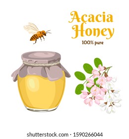 Acacia honey in a glass jar, a bee and a branch of blooming acacia isolated on a white background. Vector illustration of natural organic sweets and spring flowers in cartoon flat style.