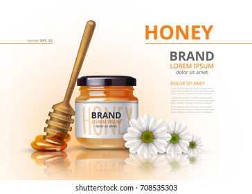 Acacia honey jar with wooden dipper Vector realistic mock up flower background