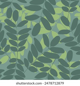 Acacia leaf seamless pattern. Silhouette of green leaves on textured background. Modern summer elegant design for fabric, wallpaper, wrapping paper, linens. Vector illustration.