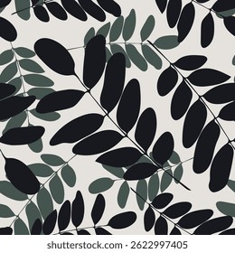 Acacia leaf seamless pattern. Silhouette of black and gray leaves on light background. Modern summer elegant classic design for fabric, wallpaper, wrapping paper, linens. Vector.