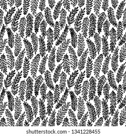 Acacia leaves hand drawn seamless pattern. Vector ink brush texture with tree branches. Hand drawn laurel twig. Black and white grunge brushstroke drawing. Botanical textile, wrapping paper design.