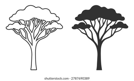 acacia tree icon set with black and outline versions on transparent background