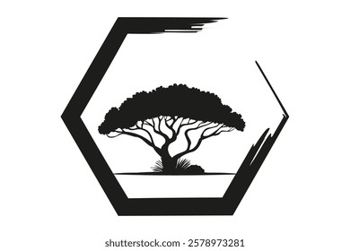 Acacia tree icon silhouette. African logo, Nature, exotic plant for printing, design or digital art. Black symbol isolated on white background 