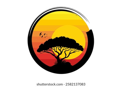 Acacia tree logo silhouette, African Safari sunset icon, Nature, exotic plant for printing, design or digital art. Black round circle symbol isolated on white background 