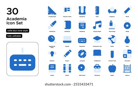 Academia Solid Fill Duo Tone Icon Set: Universities, Research, and Higher Learning Icons