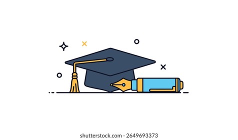Realização acadêmica celebrando a educação e o crescimento intelectual com ferramentas acadêmicas e símbolos