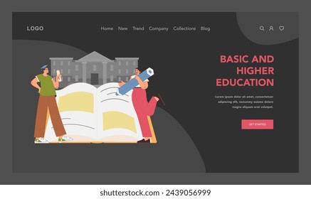 Academic achievement concept. Dynamic portrayal of educational process and success, featuring students with diplomas in front of academic institution, writing in book. Flat vector illustration