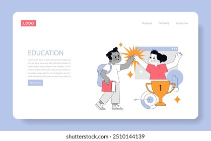 Academic achievement concept. Two joyful students celebrating success with a high-five over a trophy. Online learning platform interface. Vector illustration.