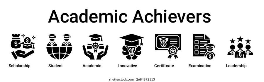 Academic Achievers banner web ícone vetor ilustração conceito para a educação com ícone de Bolsa, Estudante, Acadêmico, Inovador, Certificado, Exame.