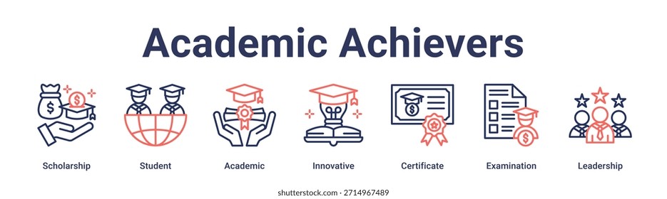Academic Achievers Banner Web-Symbol Vektorgrafik-Konzept für Bildung mit Symbol für Stipendium, Student, Akademisch, Innovativ, Zertifikat, Prüfung.