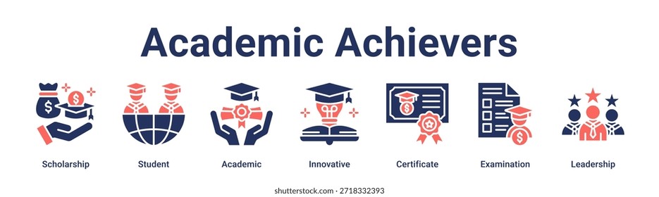 Academic Achievers Banner Web-Symbol Vektorgrafik-Konzept für Bildung mit Symbol für Stipendium, Student, Akademisch, Innovativ, Zertifikat, Prüfung.