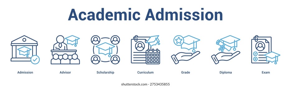 Academic Admission web banner icon set vector illustration concept for business with icon of Admission, Advisor, Scholarship, Curriculum, Gra.
