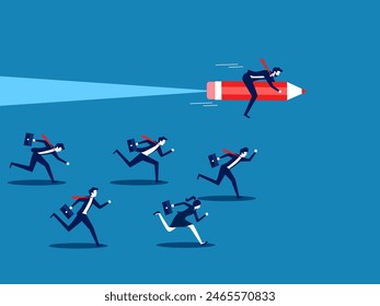 Academic advantage. Businessman flies with a rocket pencil over the crowd