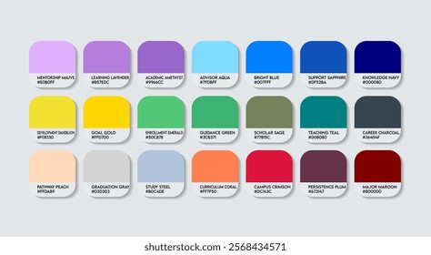 Academic Advisor Color Guide Palette with Color Names. Catalog Sample Academic Advisors with RGB HEX codes and Names. Colors Palette, Academic Advisor Color Palette, Skilled Team choose Color Palette