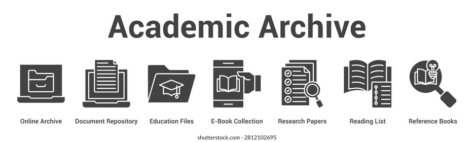 Academic Archive web banner icon set vector illustration concept for business with icon of Online Archive, Document Repository, Education Files, E-Book Collection, Research Papers, Reading Li.