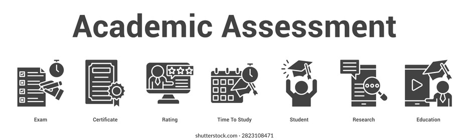 Academic Assessment web banner icon set vector illustration concept for business with icon of Exam, Certificate, Rating, Time To Study, Stude.