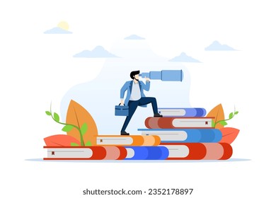 Academic award. Achieve educational or strengthen educational goals. Setting goals in learning. young man or student in a pile of books for success. flat vector illustration on a white background.