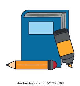 Academic book with highlighter pen and pencil over white background, colorful design. vector illustration