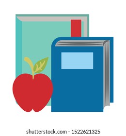 academic books and apple fruit icon over white background, vector illustration