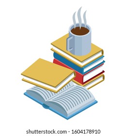 academic books and coffee mug over white background, vector illustration