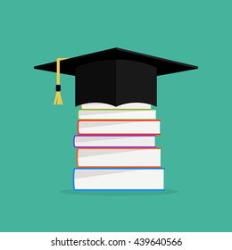 Academic books with hat on them. Graduation cap with books concept design. Vector illustration