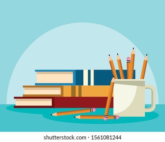 academic books with mug with pencils over blue background, colorful design , vector illustration