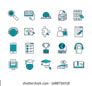 academic books and online education icon set over white background, half line half color style , vector illustration