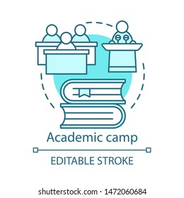 Academic camp concept icon. Knowledge, educational club, community thin line illustration. Sharing experience. College, university facility. Vector isolated outline drawing. Editable stroke