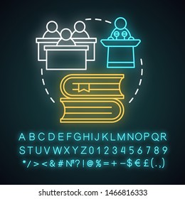 Academic camp neon light concept icon. Knowledge, educational club. Sharing learning experience idea. Glowing sign with alphabet, numbers and symbols. Vector isolated illustration