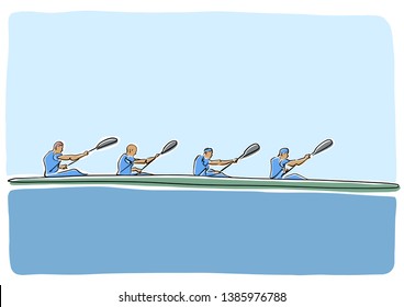 Academic Canoe Rowing. Team Of Four Male Rowers. Vector Flat Illustration. Colorful Drawing. Isolated Contour And Colors. Abstract Canoeing Sport.