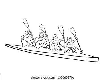 Academic Canoe Rowing. Team Of Four Male Rowers. Abstract Isolated Contour Of Paddlers. Hand Drawn Outlines. Black Line Drawing. Sport Canoeing Illustration. Vector Silhouette.