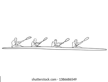 Academic Canoe Rowing. Team Of Four Male Rowers. Abstract Isolated Contour Of Paddlers. Hand Drawn Outlines. Black Line Drawing. Sport Canoeing Illustration. Vector Silhouette.