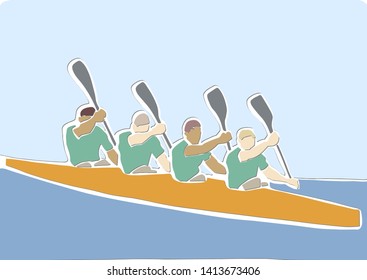 Academic Canoe Rowing. Team Of Four Male Rowers. Abstract Canoeing Sport. Applique Or Paper Cut Style.