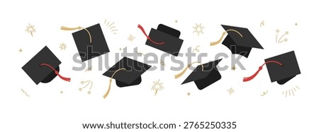 Academic cap in the air. Graduation border on white background. Graduate icons hats in flat style with doodle sparkles, stars, gold confetti. Education celebration banner for high school, college