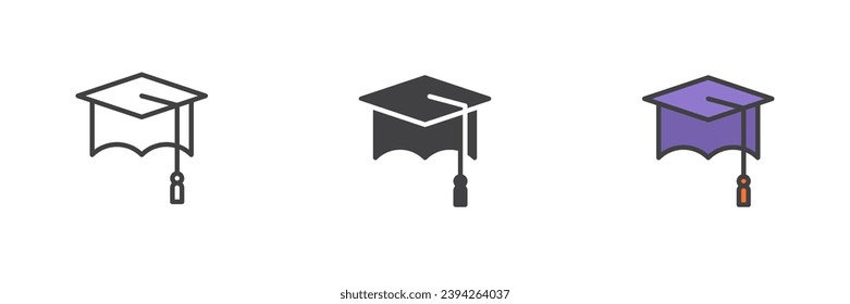 Academic cap different style icon set. Line, glyph and filled outline colorful version, outline and filled vector sign. Symbol, logo illustration. Vector graphics