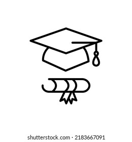 Academic cap with diploma icon concept. Single premium editable stroke pictogram perfect for logos, mobile apps, online shops and web sites. Vector symbol isolated on white background.