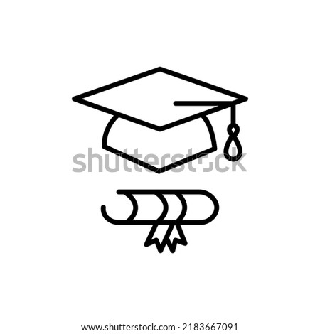 Academic cap with diploma icon concept. Single premium editable stroke pictogram perfect for logos, mobile apps, online shops and web sites. Vector symbol isolated on white background.