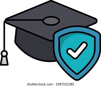 academic cap with shield Vector Color Icon Design, Financial loss Protection Symbol on white background, Risk management Sign, Education Insurance Concept