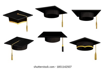 Academic Caps Isolated Vector Icons, Cartoon University Graduation Black Hats With Tassels And Golden Lace. Students Alumni Headwear Uniform For Graduation Valedictorian Ceremony, Mortarboard Caps Set