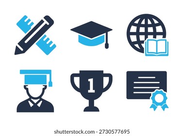 Symbolsatz für akademische Zertifizierung und Graduierung. Symbole für durchgezogene Symbolreihen