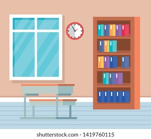 academic classroom with books inside bookcase and desk