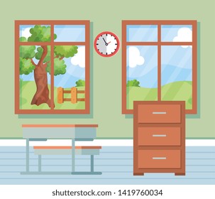 academic classroom with desk and clock between windows