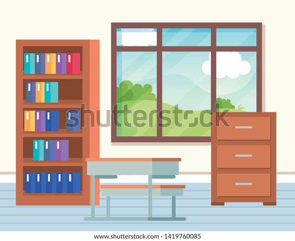 Academic Classroom Desks Books Inside Bookcase Stock Image