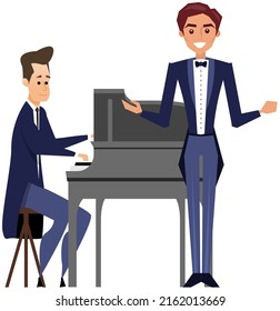 Academic Concert Musicians Man At Piano And Singer In Tuxedo Perform On Stage Isolated On White. Pianist Playing Piano With Passion, Tenor Sings An Opera For Audience, Classical Orchestra Members