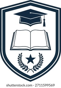 Cresta académica con gorra de graduación, libro abierto, estrella y ramas de Laurel