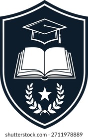 Logotipo Academic Crest - Escudo com Livro, Boné de Graduação, Coroa de Laurel e Símbolo de Estrela