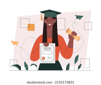 Academic degree concept. Female student smiles with diploma, girl graduating from university and celebrates. Young specialist graduated, talented professional. Cartoon flat vector illustration