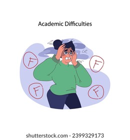 Academic difficulties concept. Distressed student overwhelmed by multiple failing grades, struggling with educational pressures. Challenges in learning process. Flat vector illustration